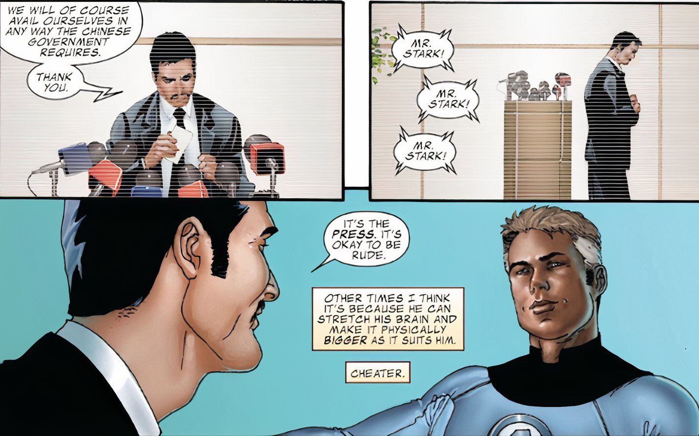 Invincible Iron Man (2008) #4, Tony narra que Reed Richards é um trapaceiro porque pode literalmente aumentar o tamanho do cérebro