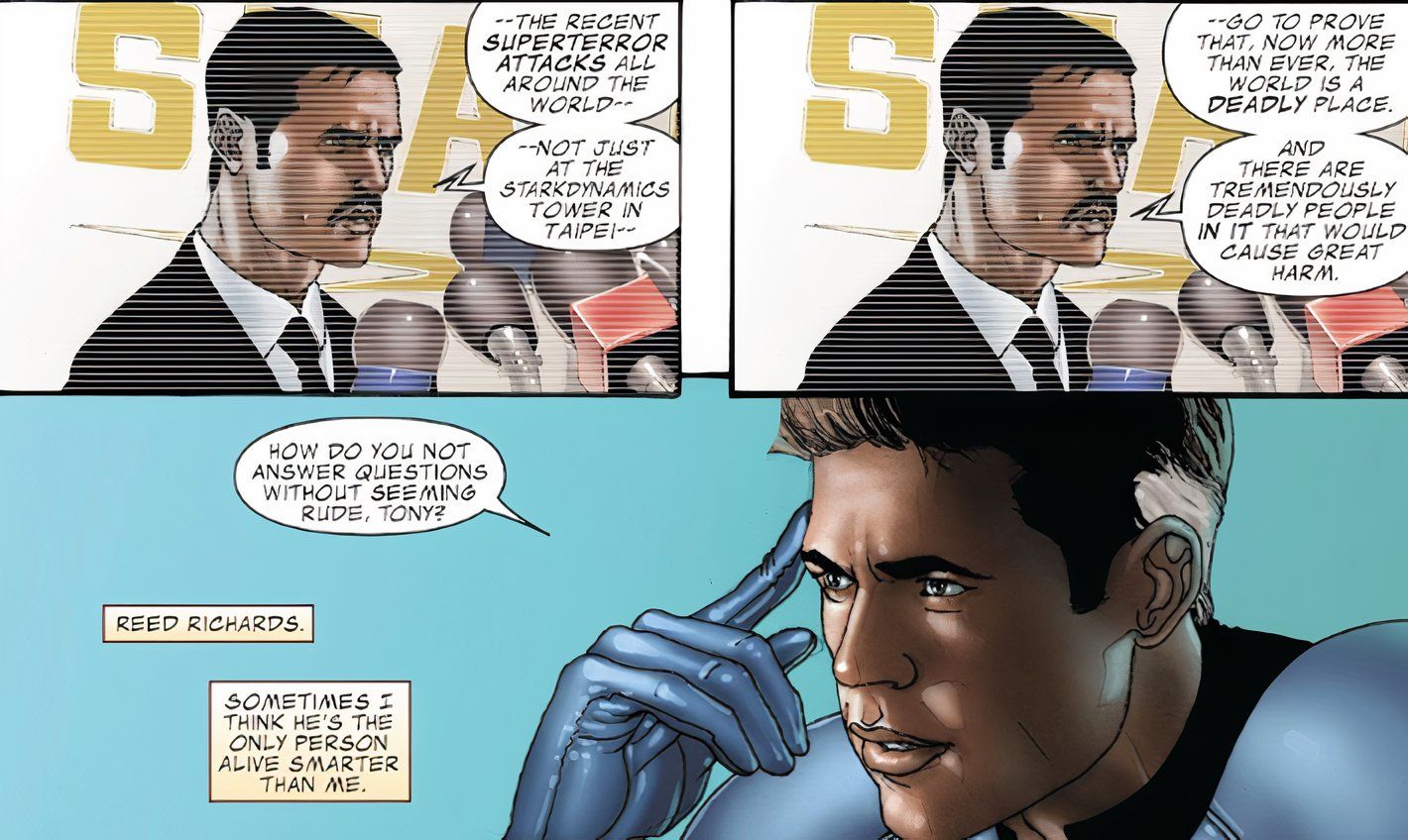 Invincible Iron Man (2008) #4, Tony Stark narra que Reed Richards é a única pessoa mais inteligente que ele