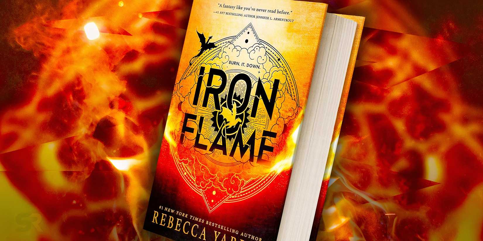 Iron Flame book cover on a background of flames