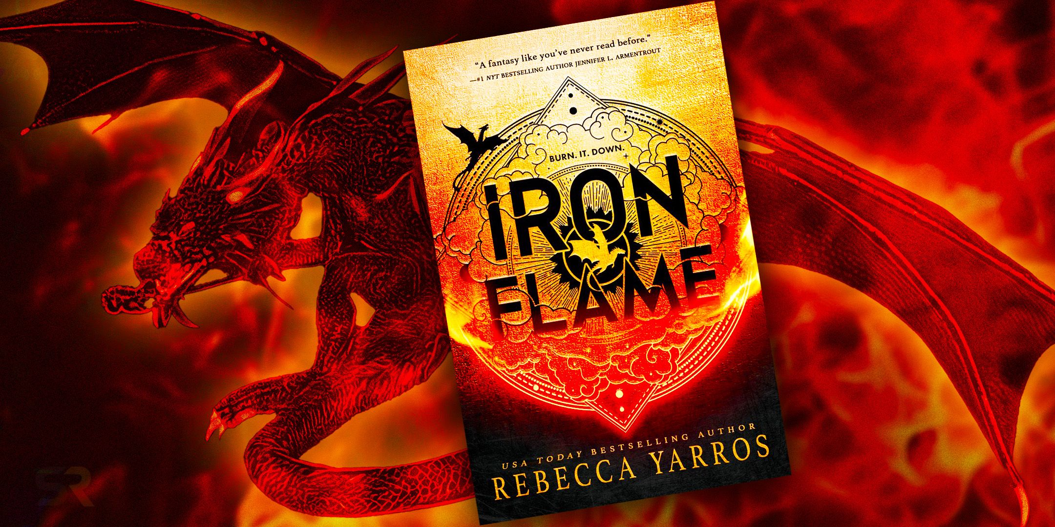 The cover of Iron Flame by Rebecca Yarros and a fiery background with a dragon