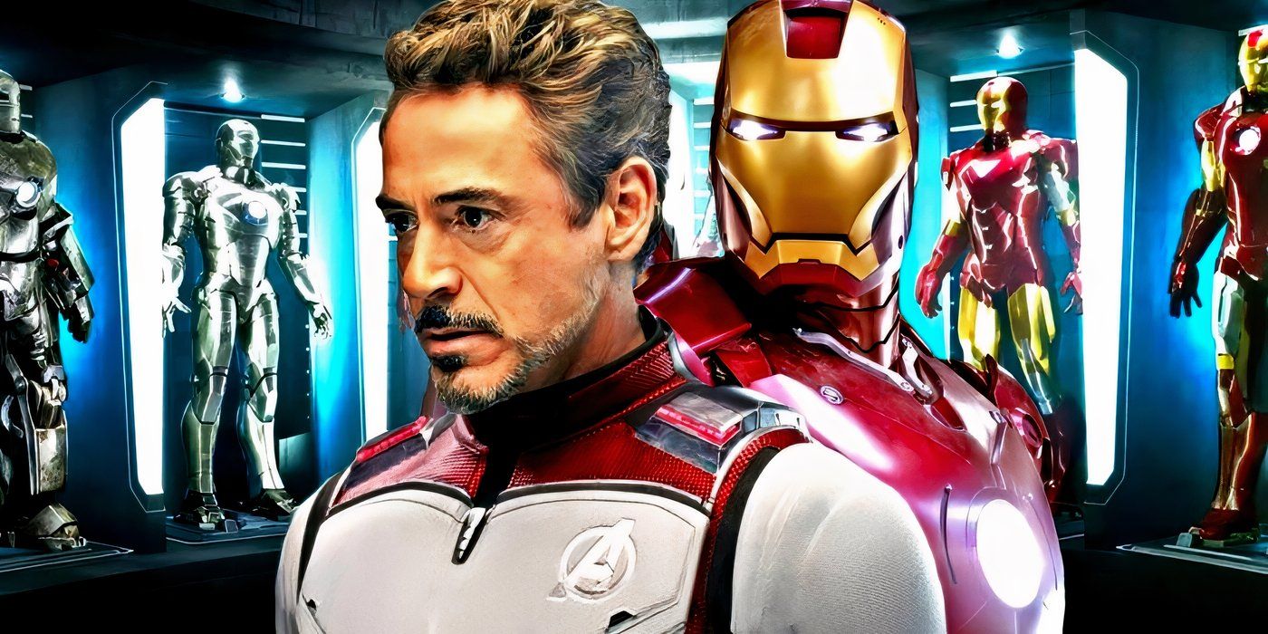 Robert Downey Jr. as Tony Stark with his Iron Man suits in the MCU.