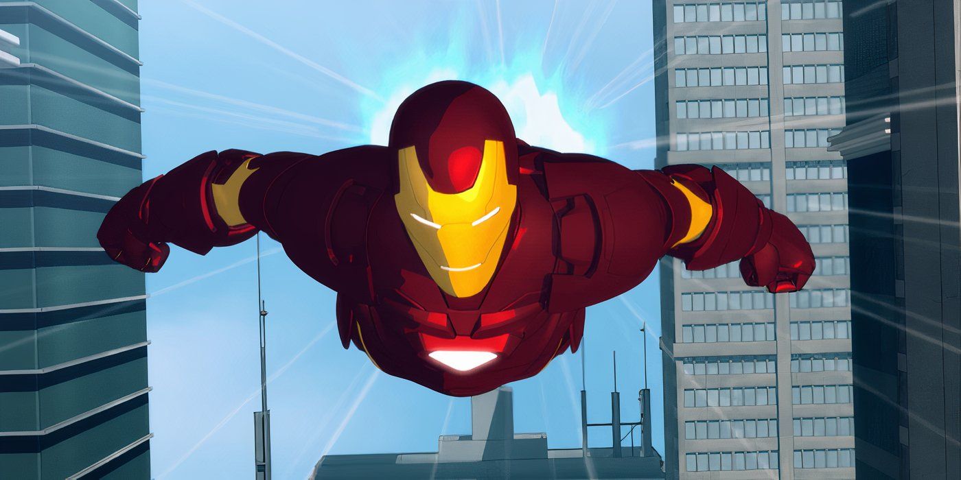 Iron Man flying and looking determined in Iron Man Armored Adventures