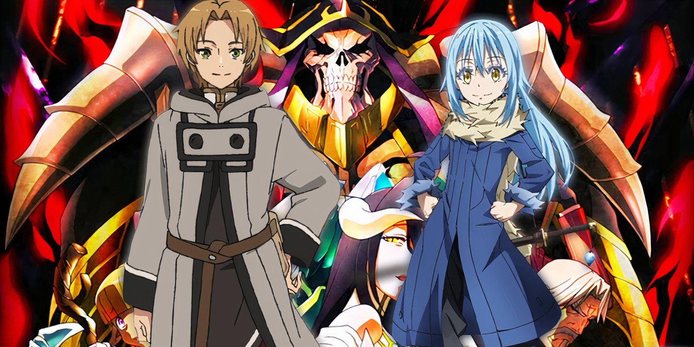 Isekai anime image with the Overlord cast, Rudeus, and Rimuru