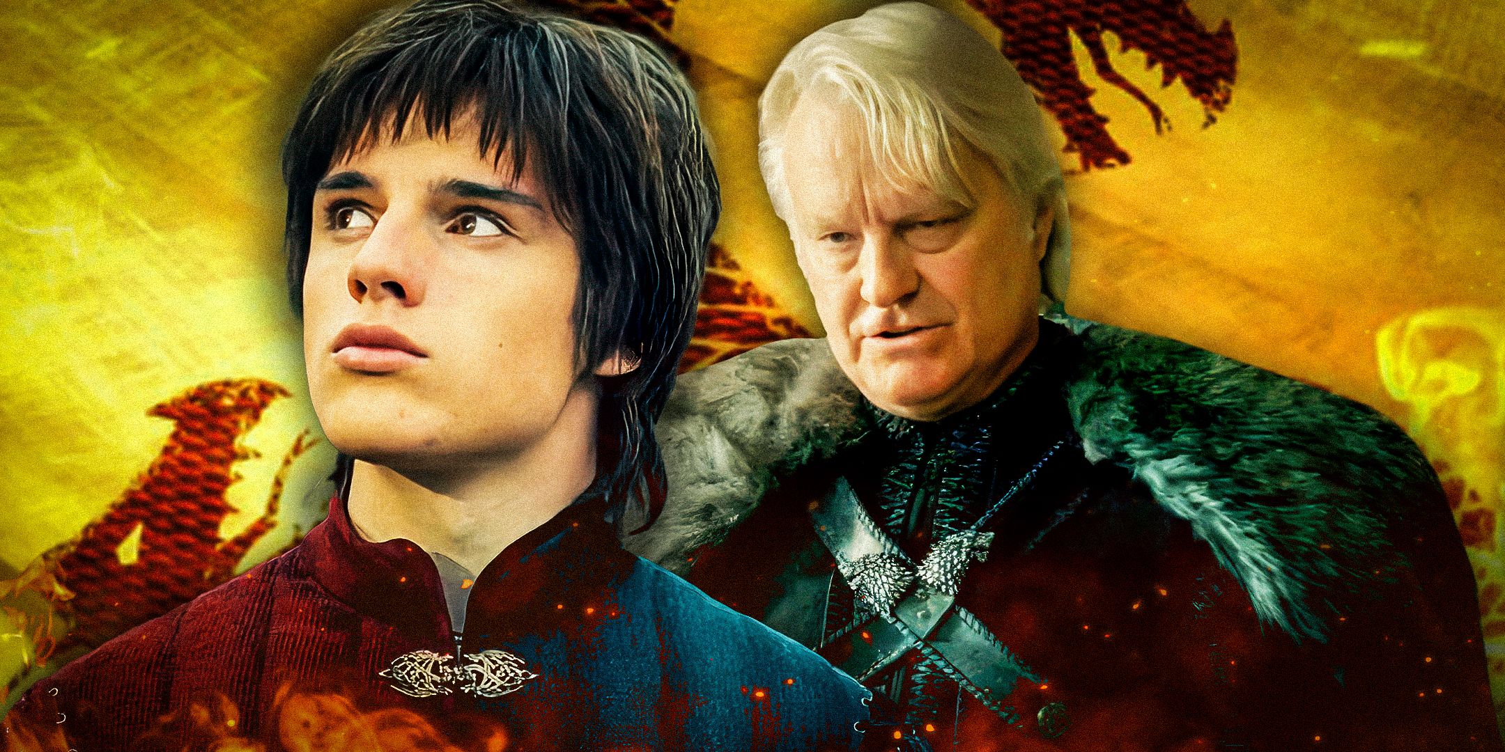 Prince Jacaerys Velaryon (Harry Collett) and Lord Rickon Stark in House of the Dragno with dragon backgrounds