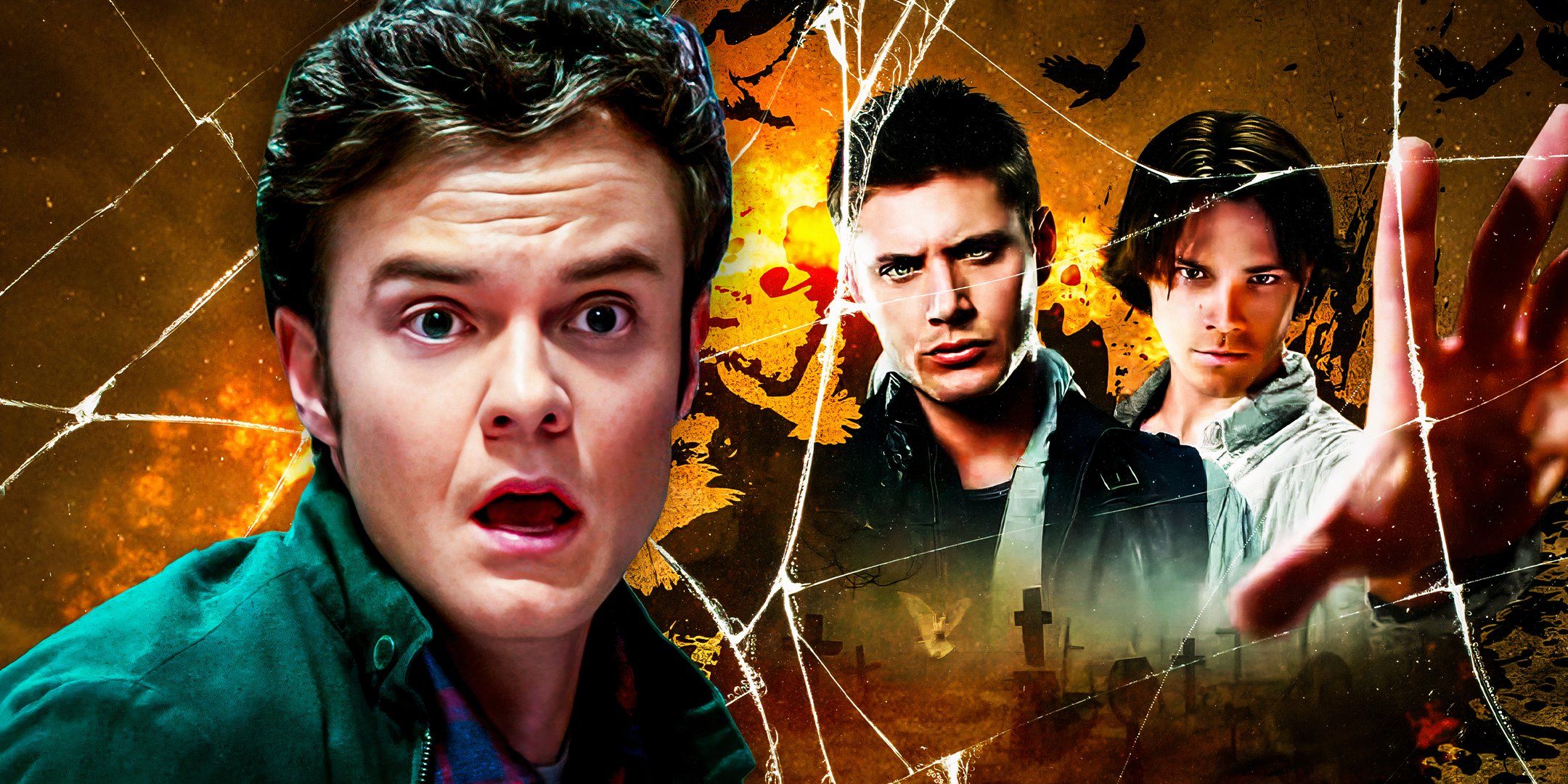 Jack Quaid as Hughie Campbell in The Boys alongside Jensen Ackles as Dean Winchester and Jared Padalecki as Sam Winchester in Supernatural