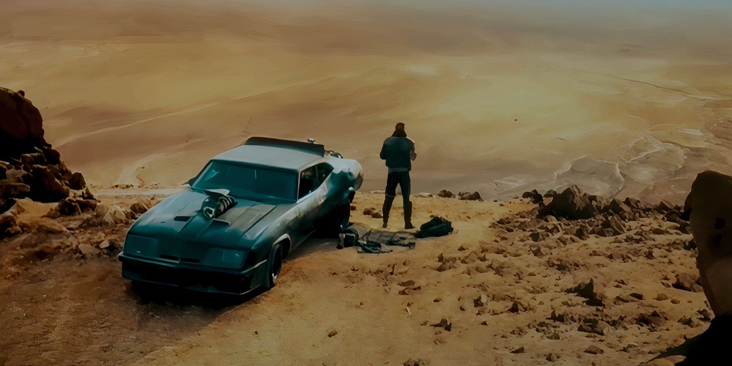 Jacob Tomuri as Mad Max standing next to his Interceptor V8 in Furiosa