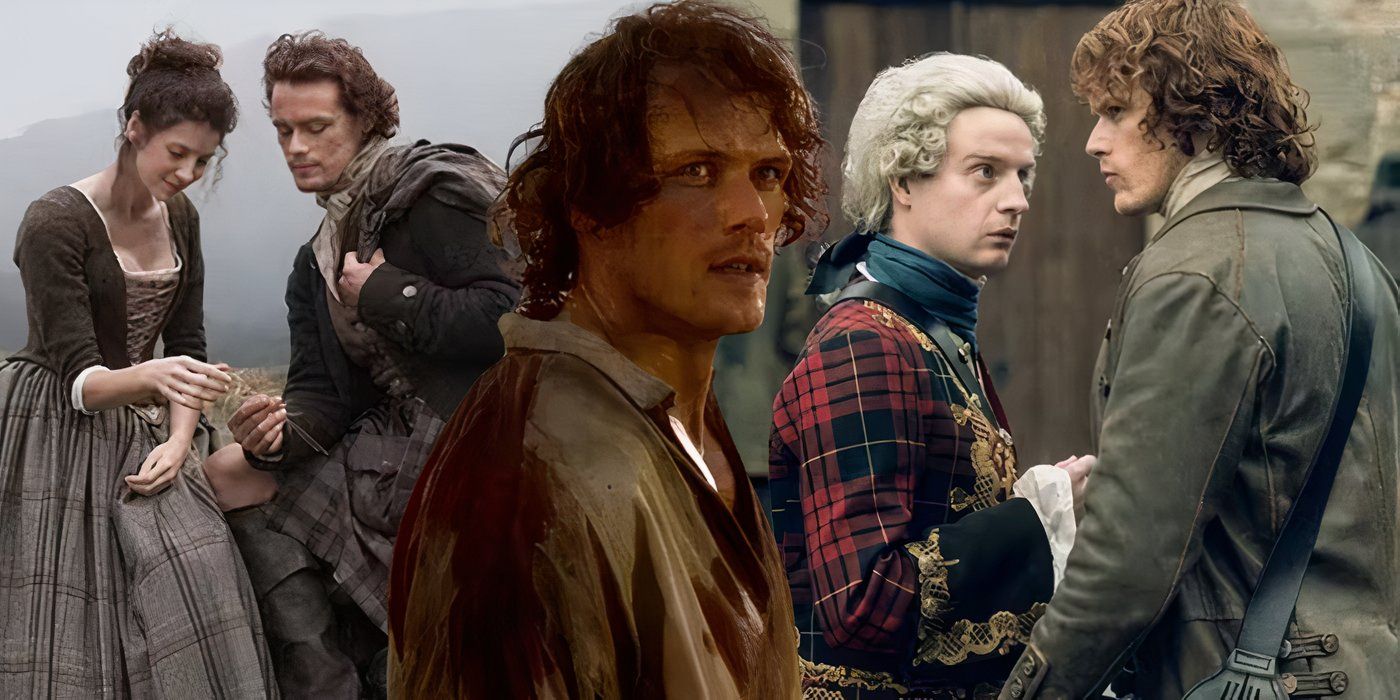 Jamie en el montaje de Outlander con varios otros personajes.