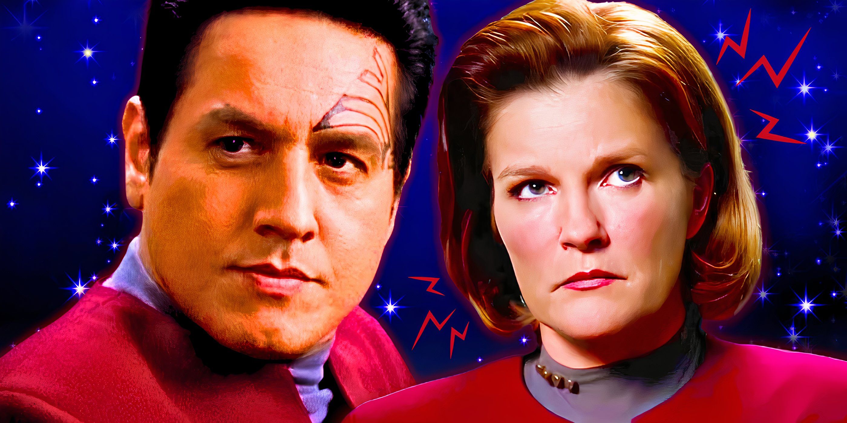 A collage of close-up images of Commander Chakotay and Captain Janeway from Star Trek: Voyager, with both characters looking angry on a blue background.