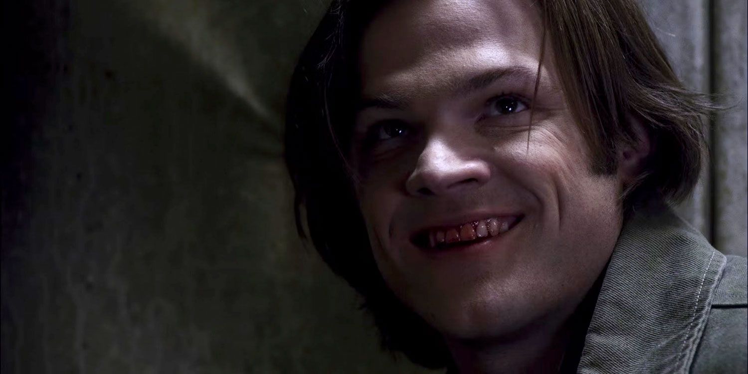 Jared Padalecki as Soulless Sam Winchester with a bloody smile in Supernatural