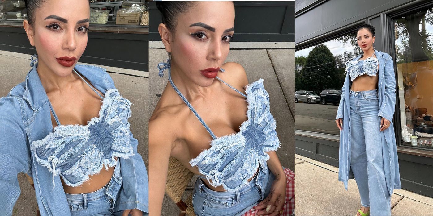 Jasmine Pineda In 90 Day Fiance Instagram in blue denim outfit posing outside a cafe