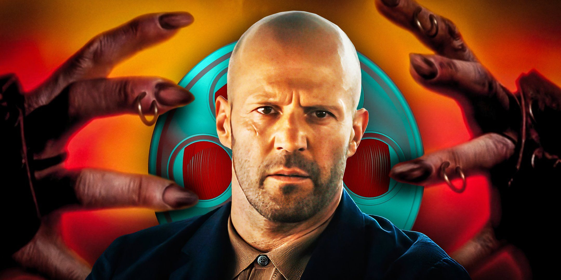 Jason Statham as H from Wrath of Man in front of Ghosts of Mars poster