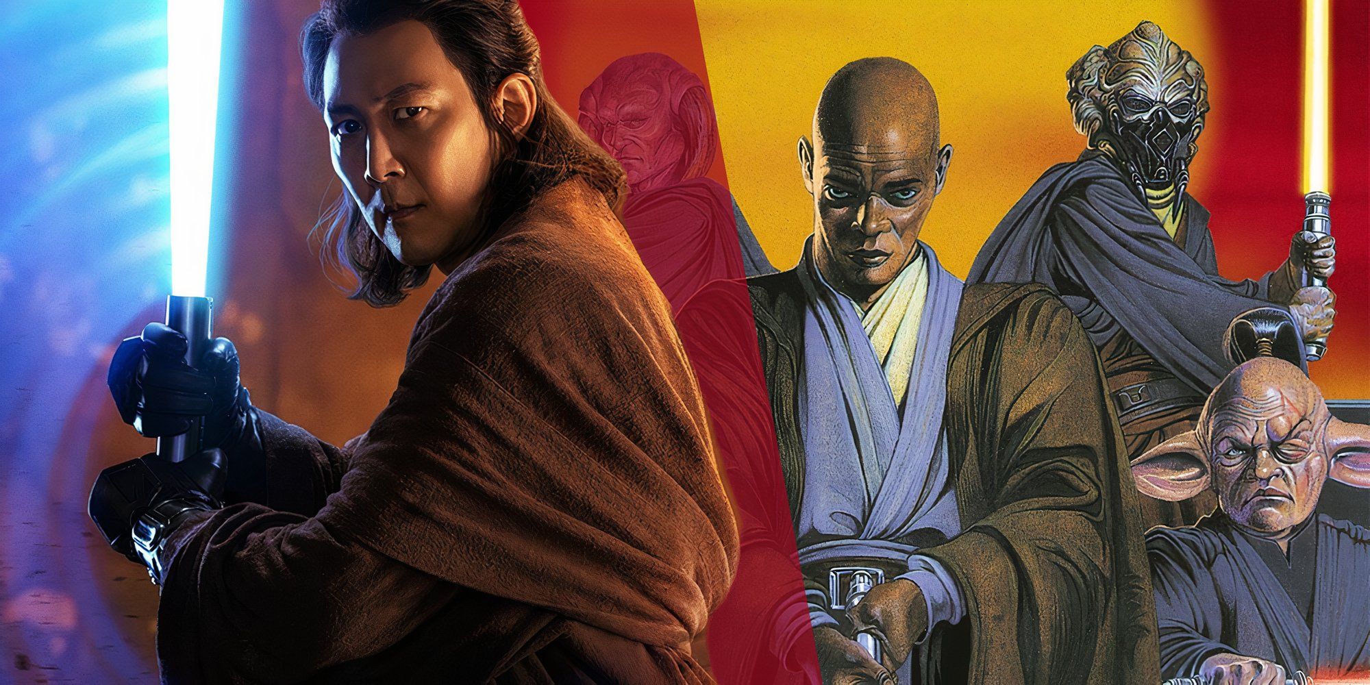 The cover for the Legends comic book Jedi Council: Acts of War (2000) next to Master Sol's character poster for The Acolyte (2024)