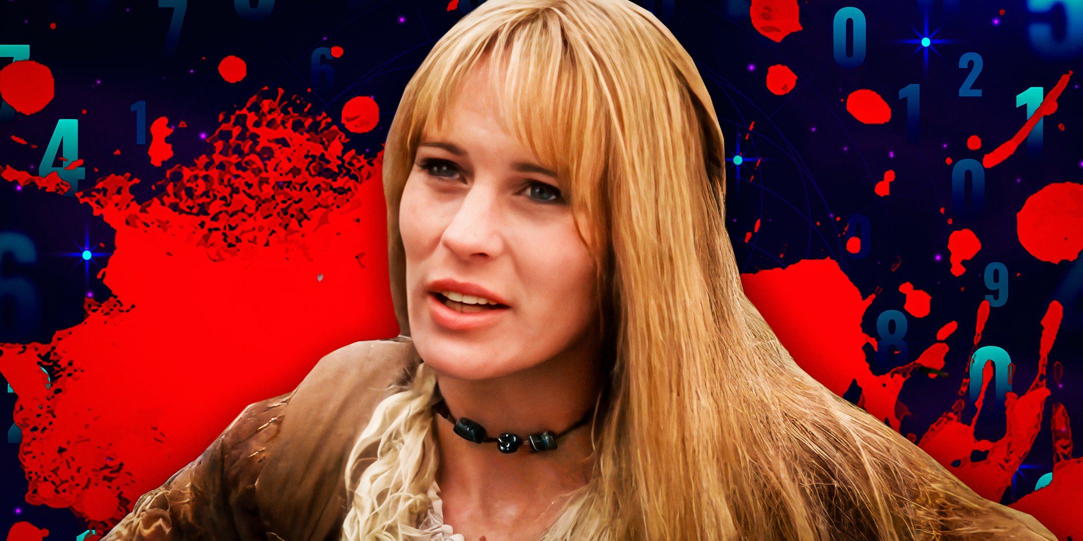 Robin Wright as Jenny Curran from Forrest Gump against a background of blood and numbers