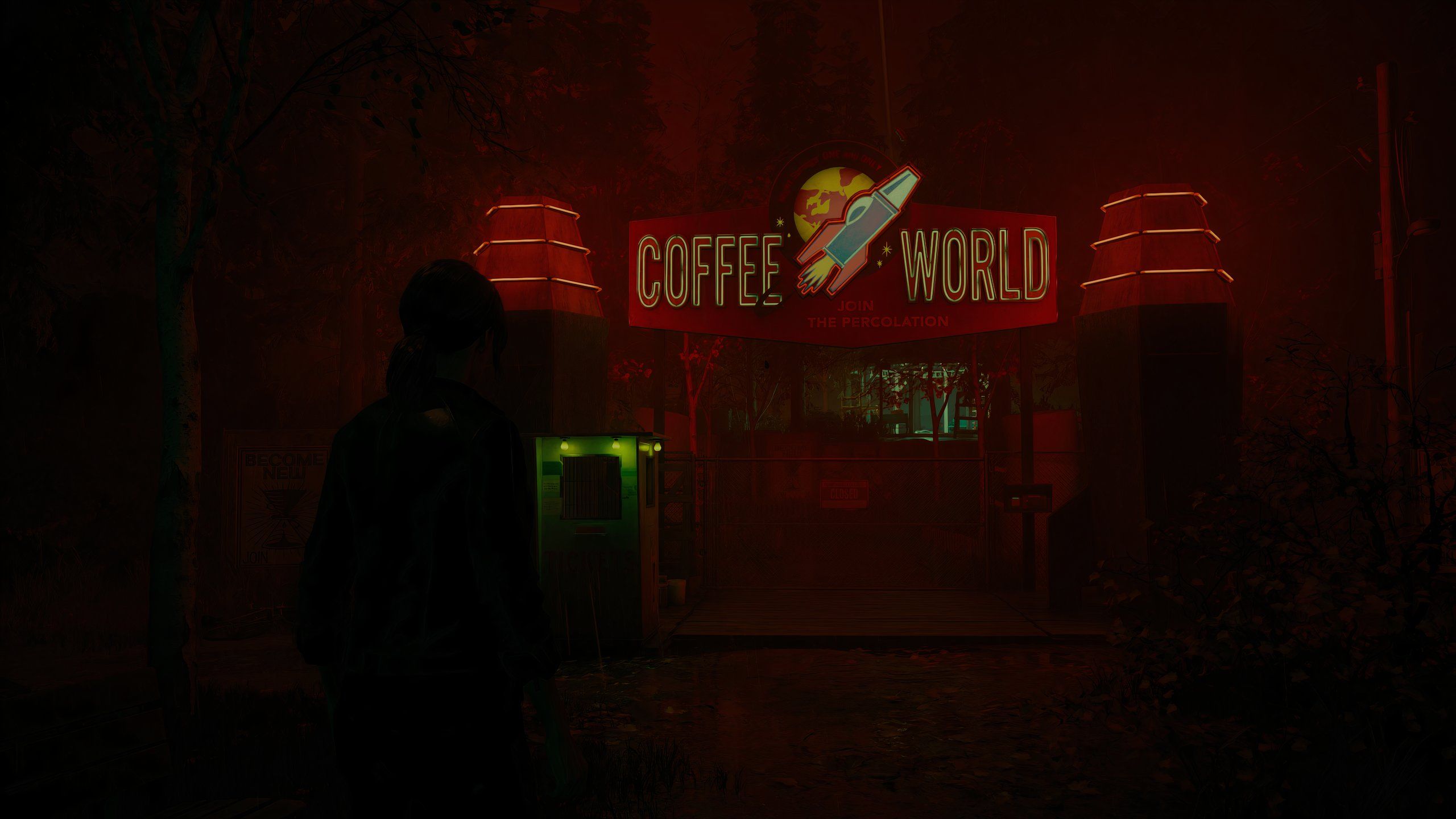 Jesse Faden parado nos portões do mundo do café em Alan Wake 2 Night Springs DLC, episódio 2