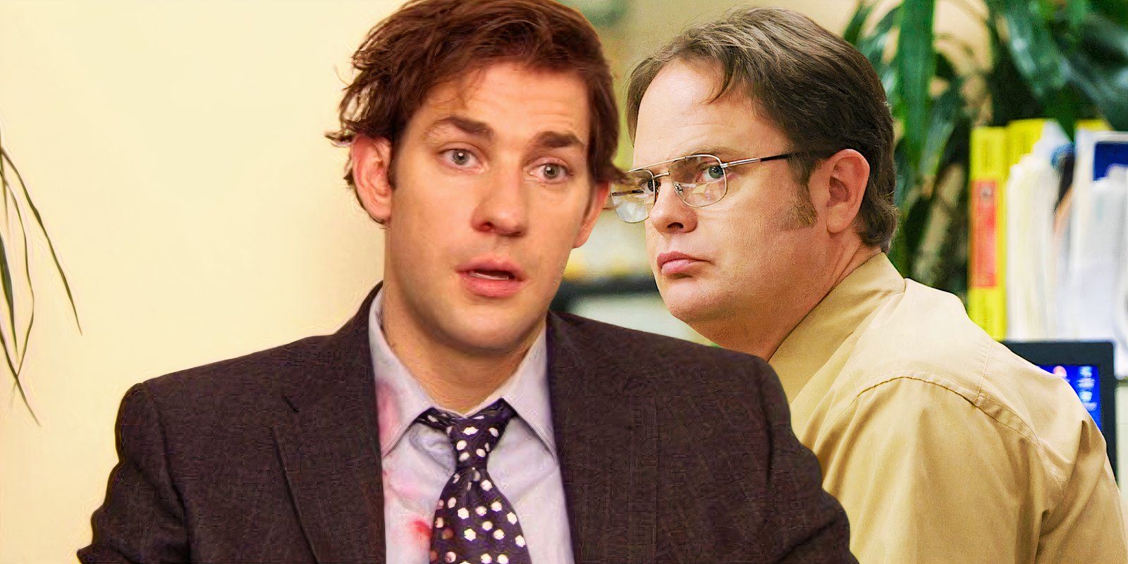 John Krasinski as Jim juxtaposed with Rainn Wilson as Dwight in The Office