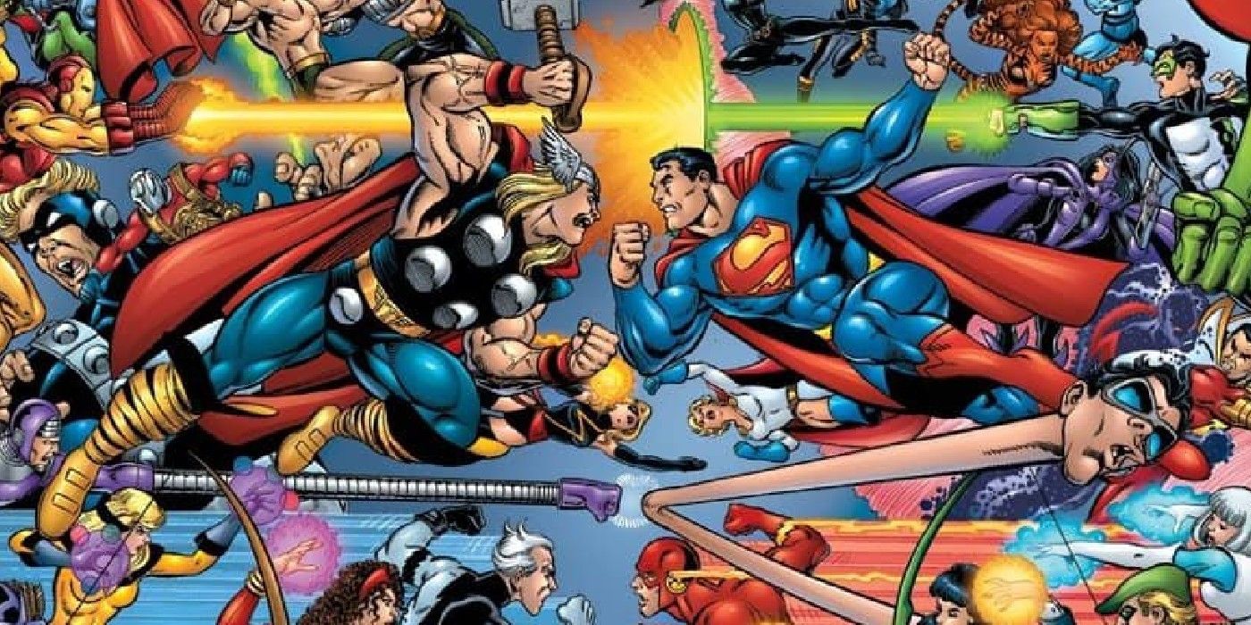 Arte em quadrinhos: o JLA e os Vingadores se atacam com Thor e Superman no centro.