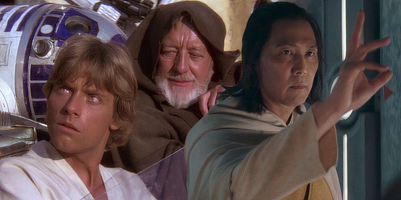 Obi-Wan Kenobi performs a Jedi mind trick next to Luke Skywalker in Star Wars and Master Sol performs a jedi mind trick in The Acolyte season 1, episode 1