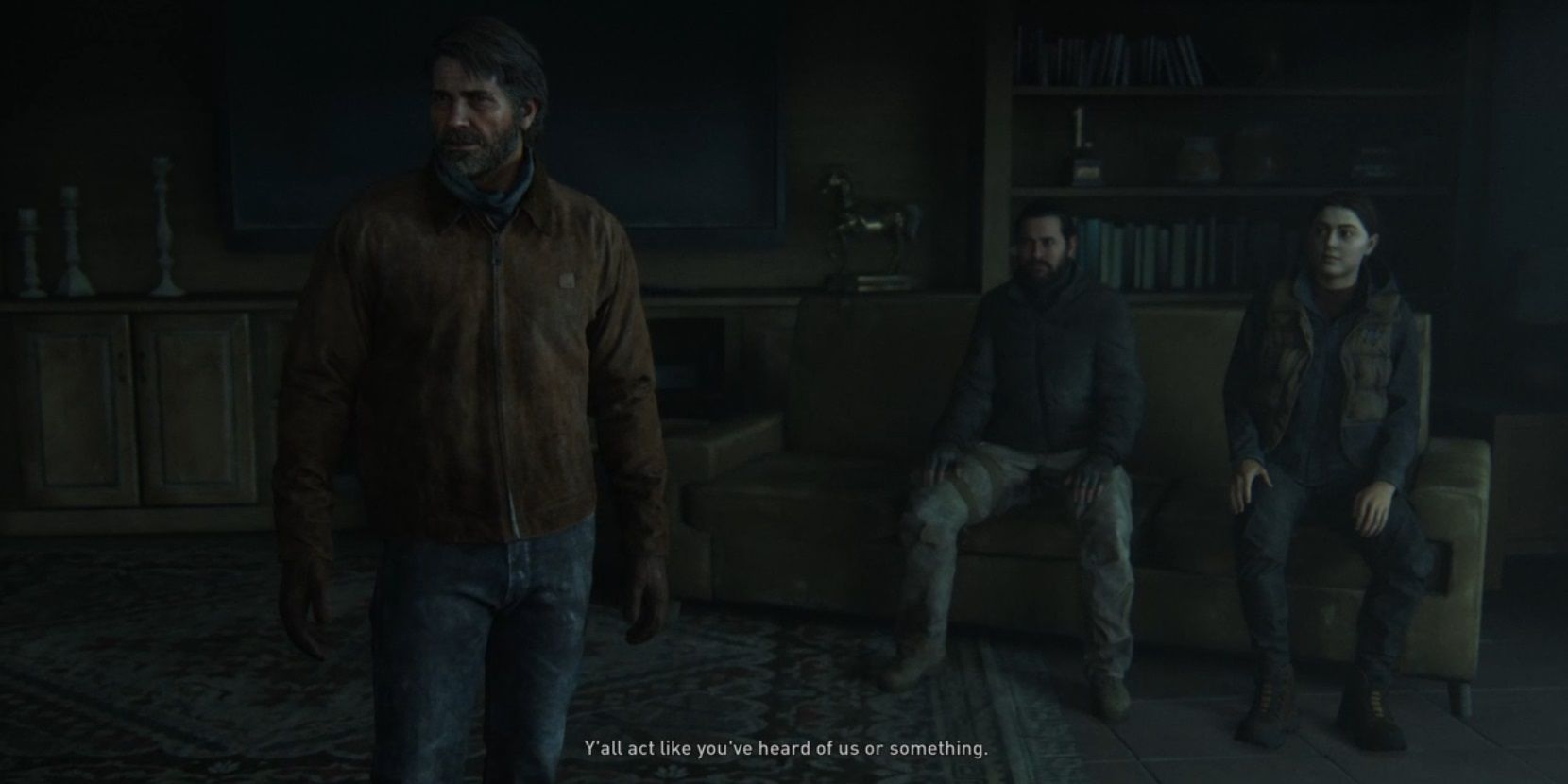 Joel looks around at the Salt Lake crew in The Last of Us Part II