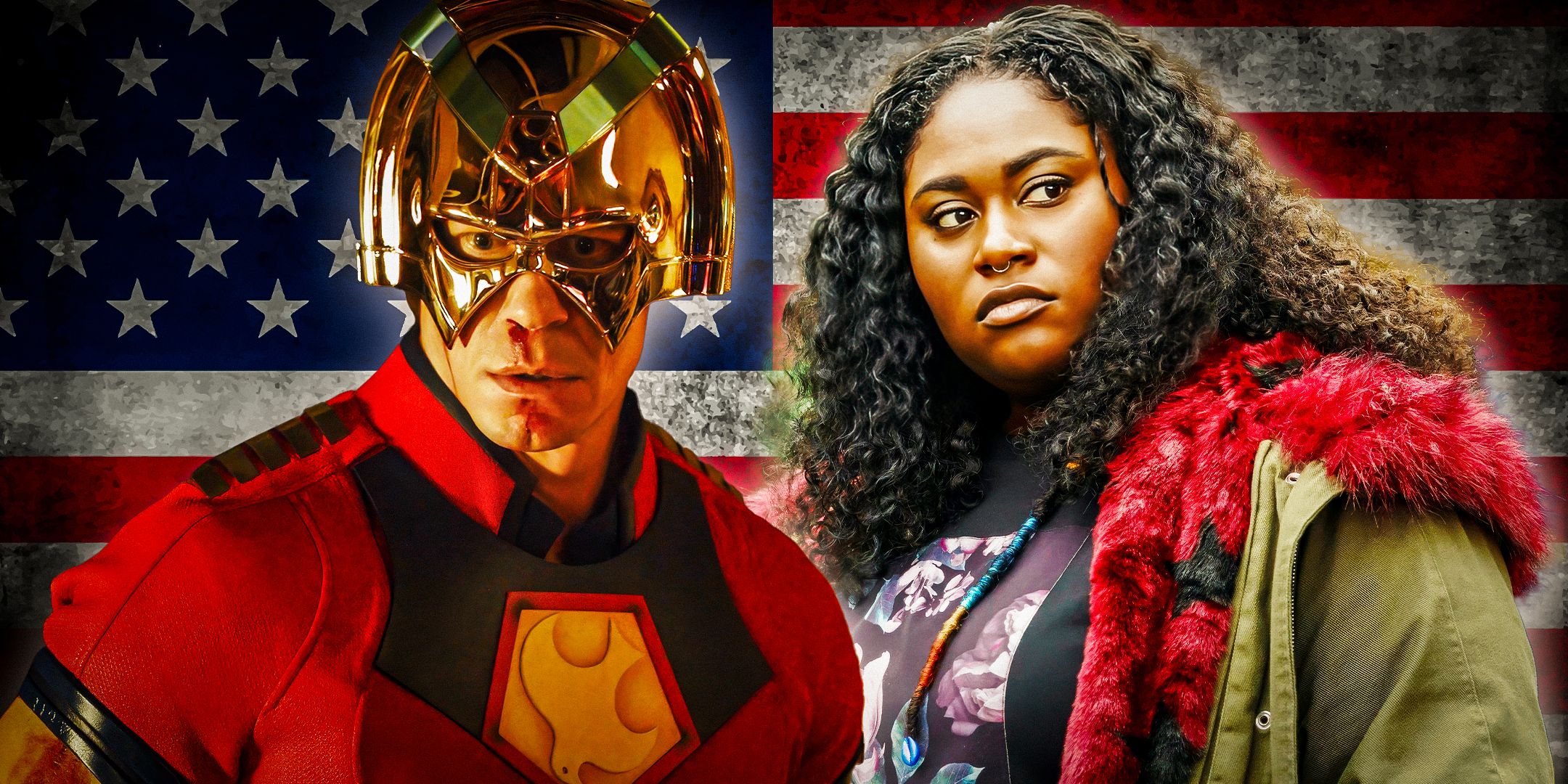 John Cena As Peacemaker In Full Costume With Danielle Brooks as Leota Adebayo Against The Backdrop Of An American Flag