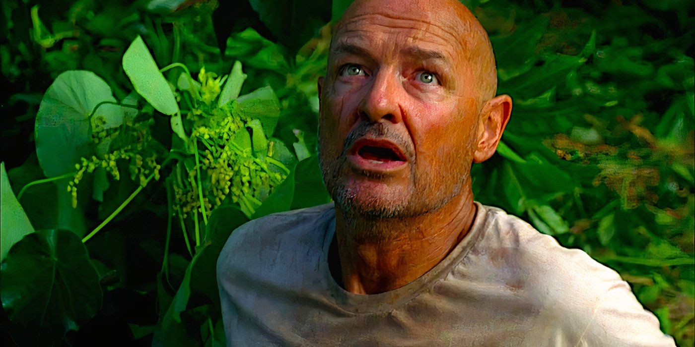 John Locke looks up in awe and fear in a scene from Lost