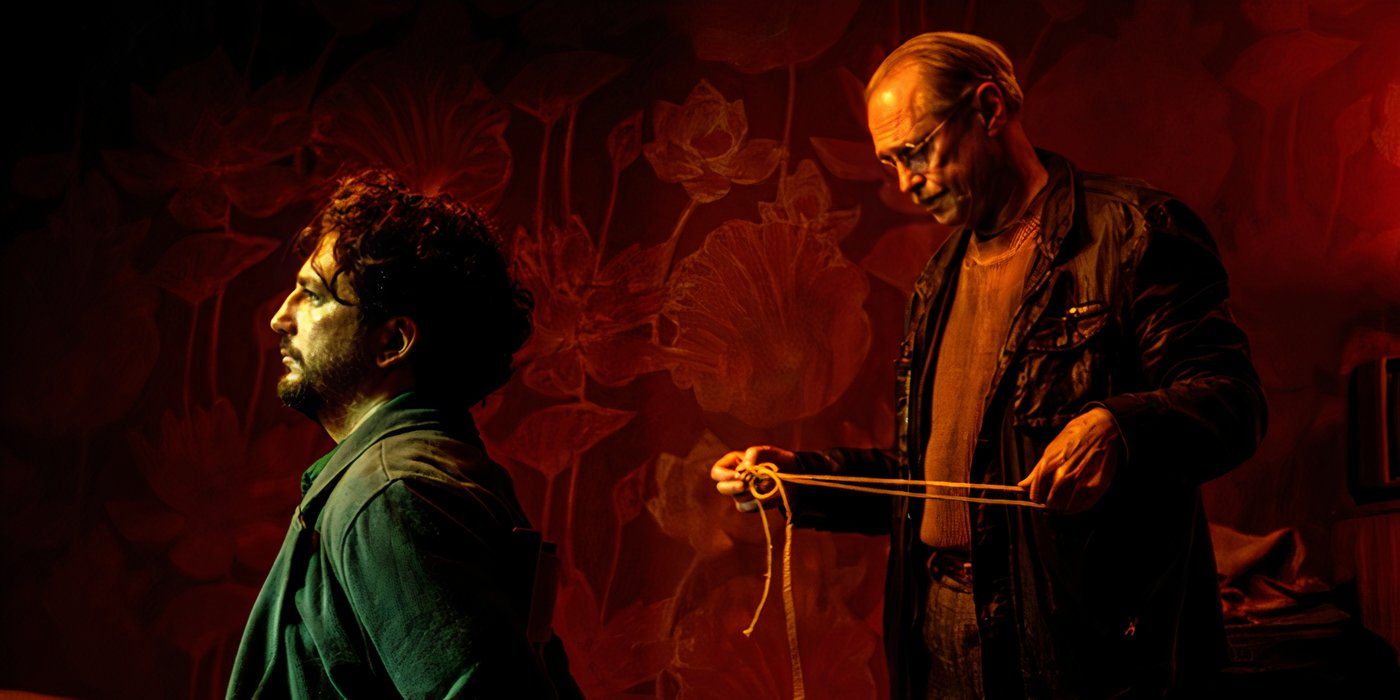 John Magaro sits in a chair while Steve Buscemi holds a rope behind him in The Shallow Tale