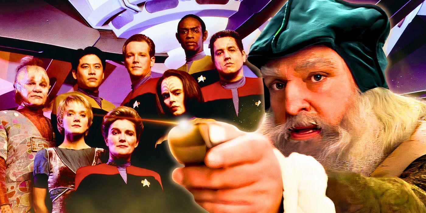 John Rhys-Davies as Leonardo da Vinci from Star Trek: Voyager aims a phaser off-screen while the Voyager cast looks on in the background.