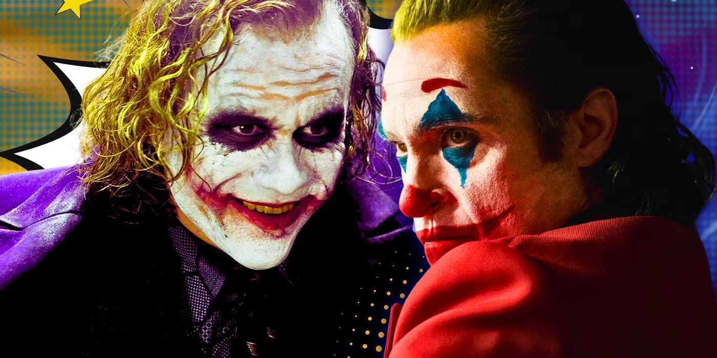 Split image of Heath Ledger's Joker in The Dark Knight and Joaquin Phoenix as Arthur Fleck in Joker (2019)
