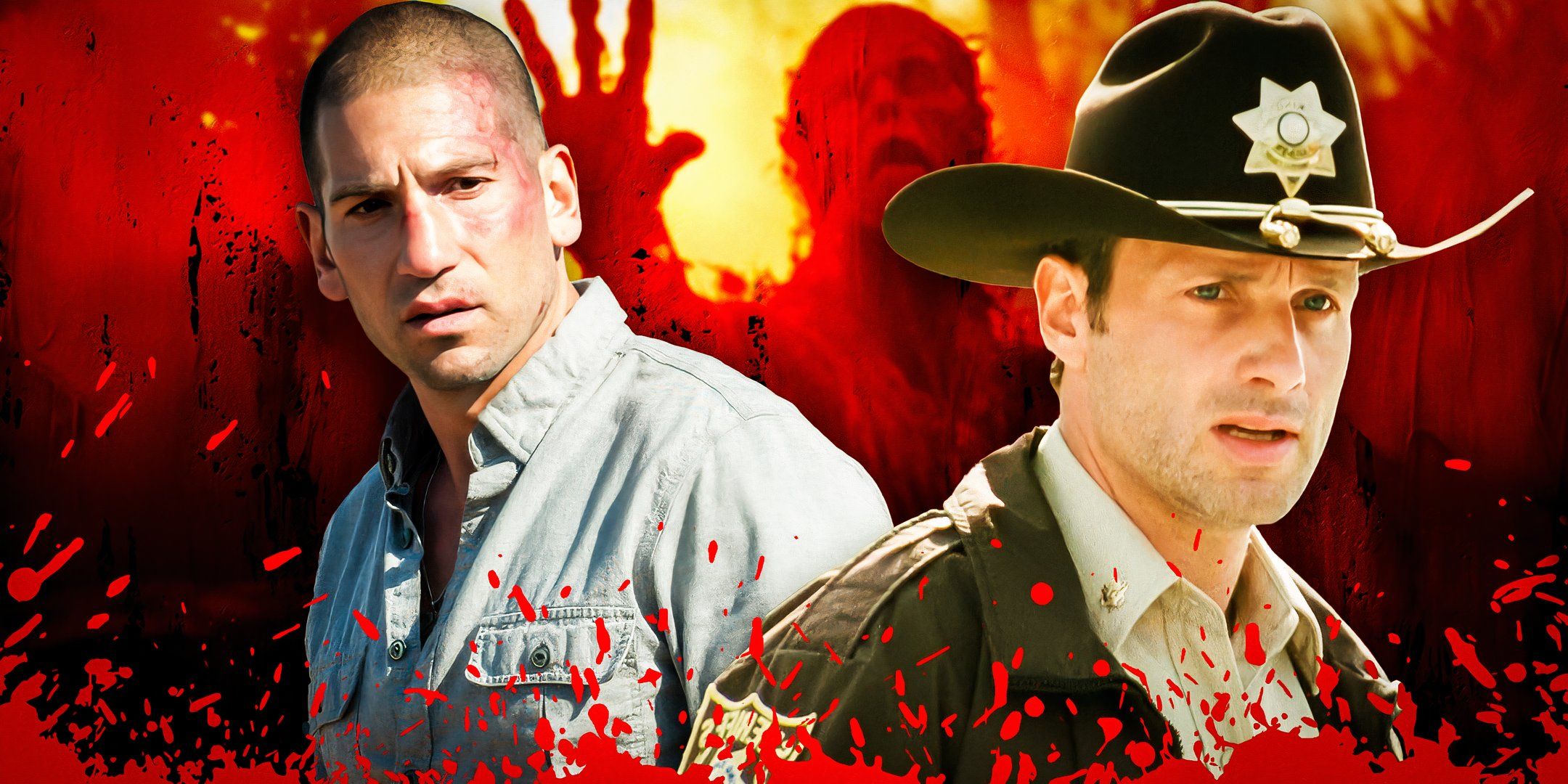 Jon Bernthal as Shane Walsh and Andrew Lincoln as Rick Grimes surrounded by blood in The Walking Dead