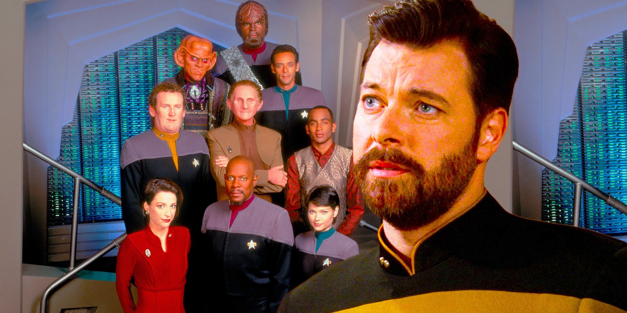 Jonathan Frakes como Thomas Riker e o elenco de Star Trek_ DS9