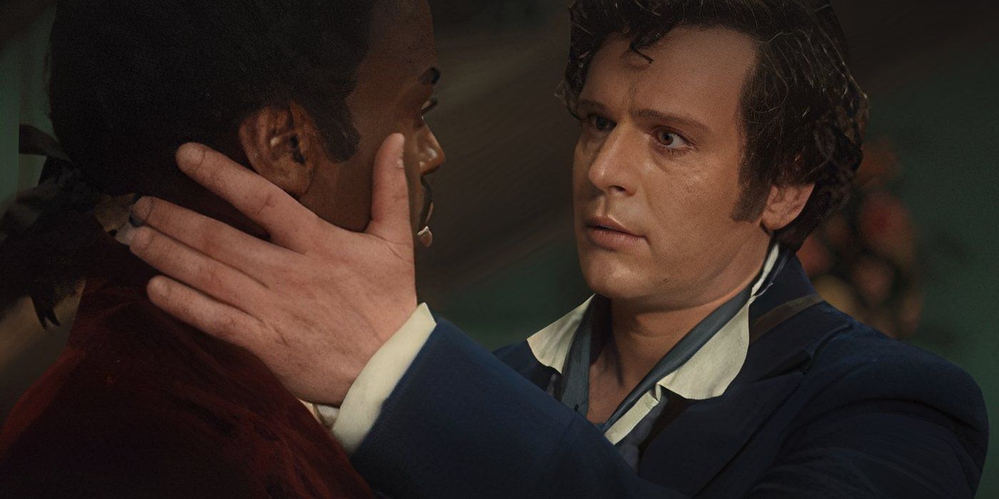 Jonathan Groff as Rogue about to kiss the Doctor in Doctor Who.