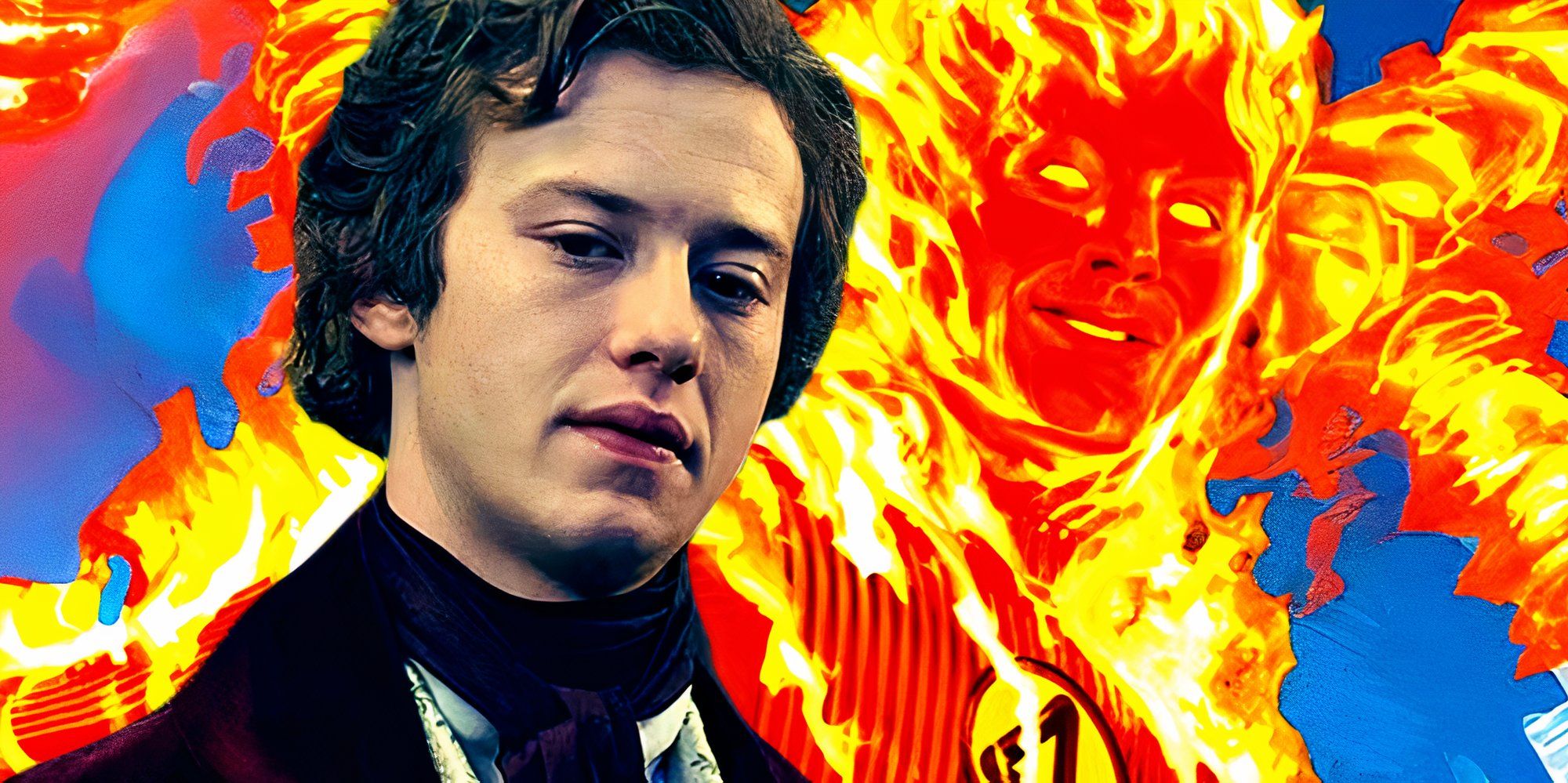 Joseph Quinn looks at the camera as Arthur Havisham in Dickensian and the Human Torch flies in the MCU's The Fantastic Four official image