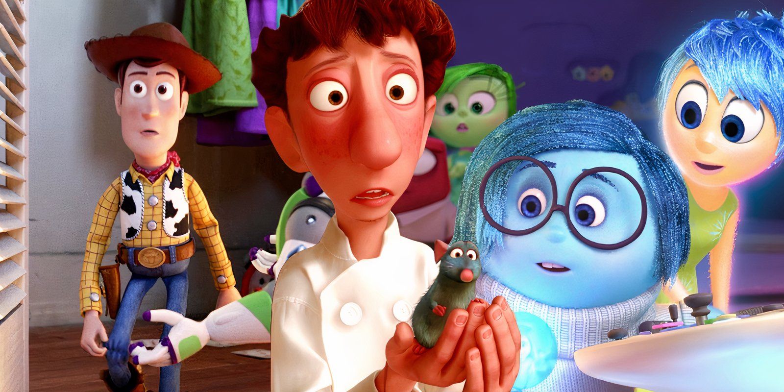 Joy and Sadness, a shaken Woody in Toy Story 4, and Remy being held in Ratatouille.
