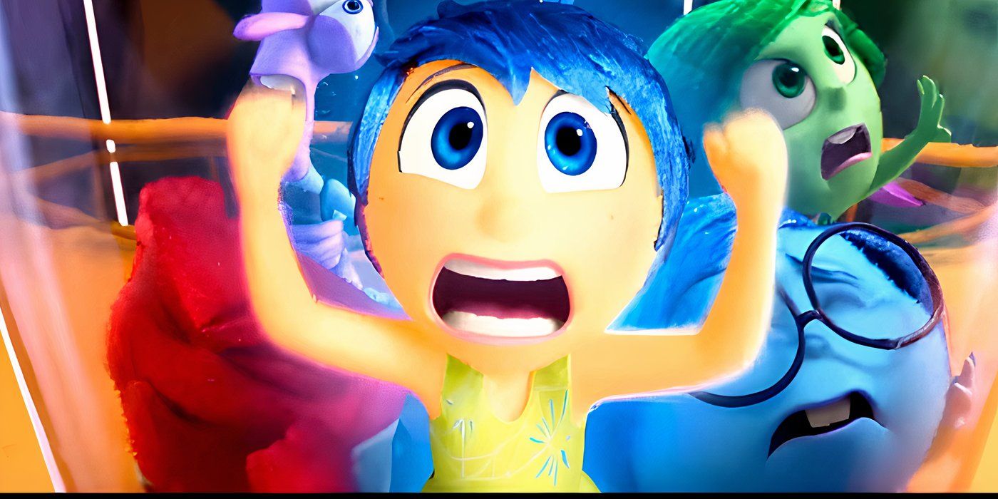 Joy Panicking While Stuck in a Jar with the Other Original Emotions in Inside Out 2