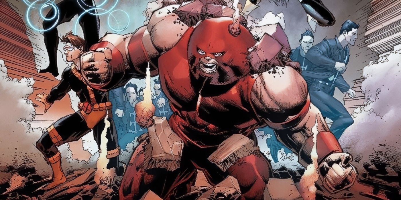 The Juggernaut smashing through a wall with the X-Men.