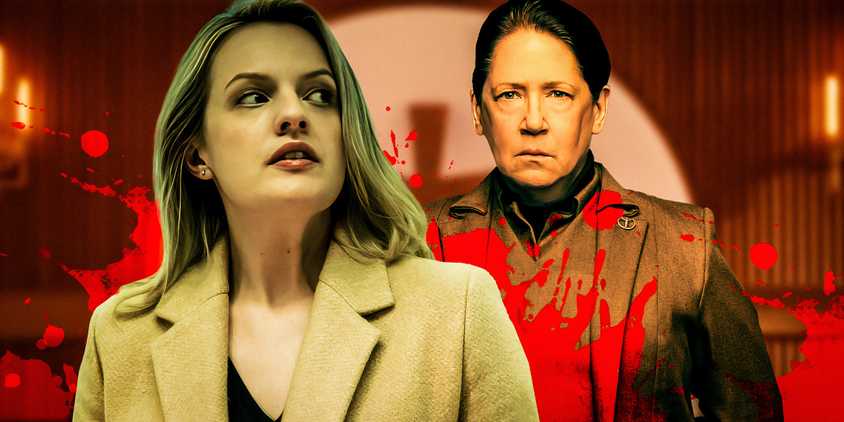June Osborne (Elisabeth Moss) looking alarmed and Aunt Lydia (Anne Dowd) looking serious in The Handmaid's Tale