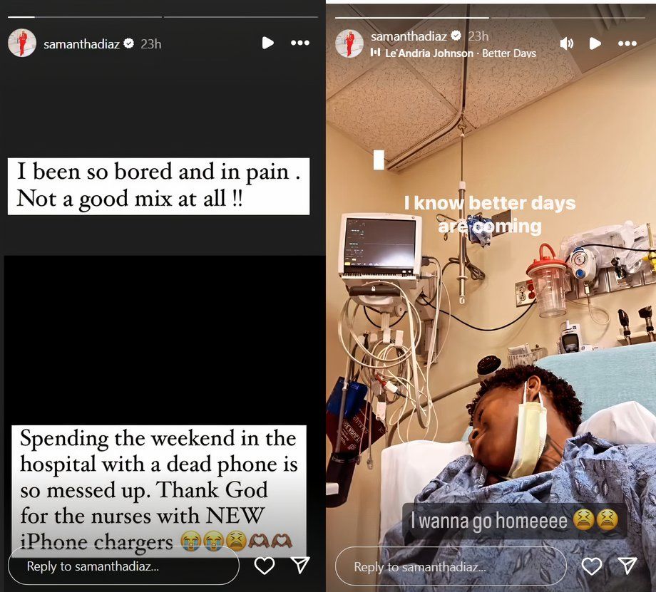 Apenas as histórias de Sam no Instagram sobre estar no hospital