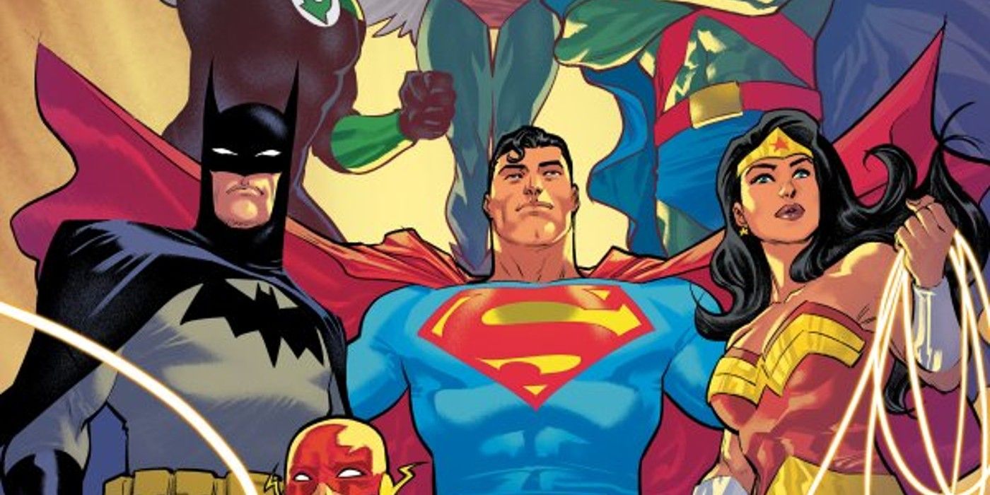 Batman, Superman, and Wonder Woman stand with the Justice League