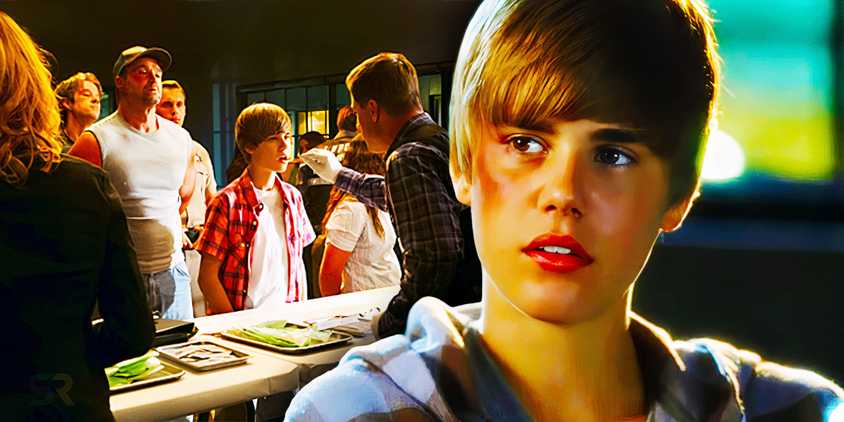 Justin Bieber close up of CSI character in front of a group shot of him in that episode.