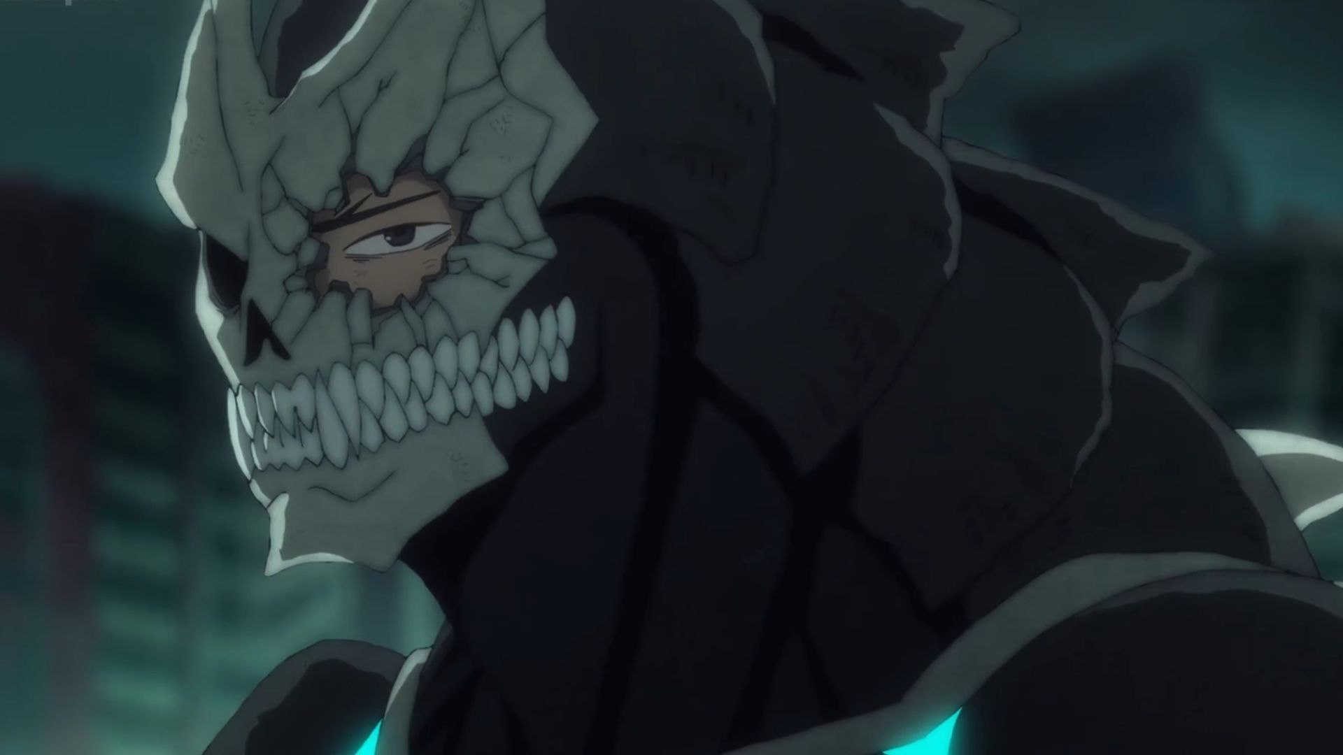 Kafka in his Kaiju form with his left eye human being seen from the exoskelton