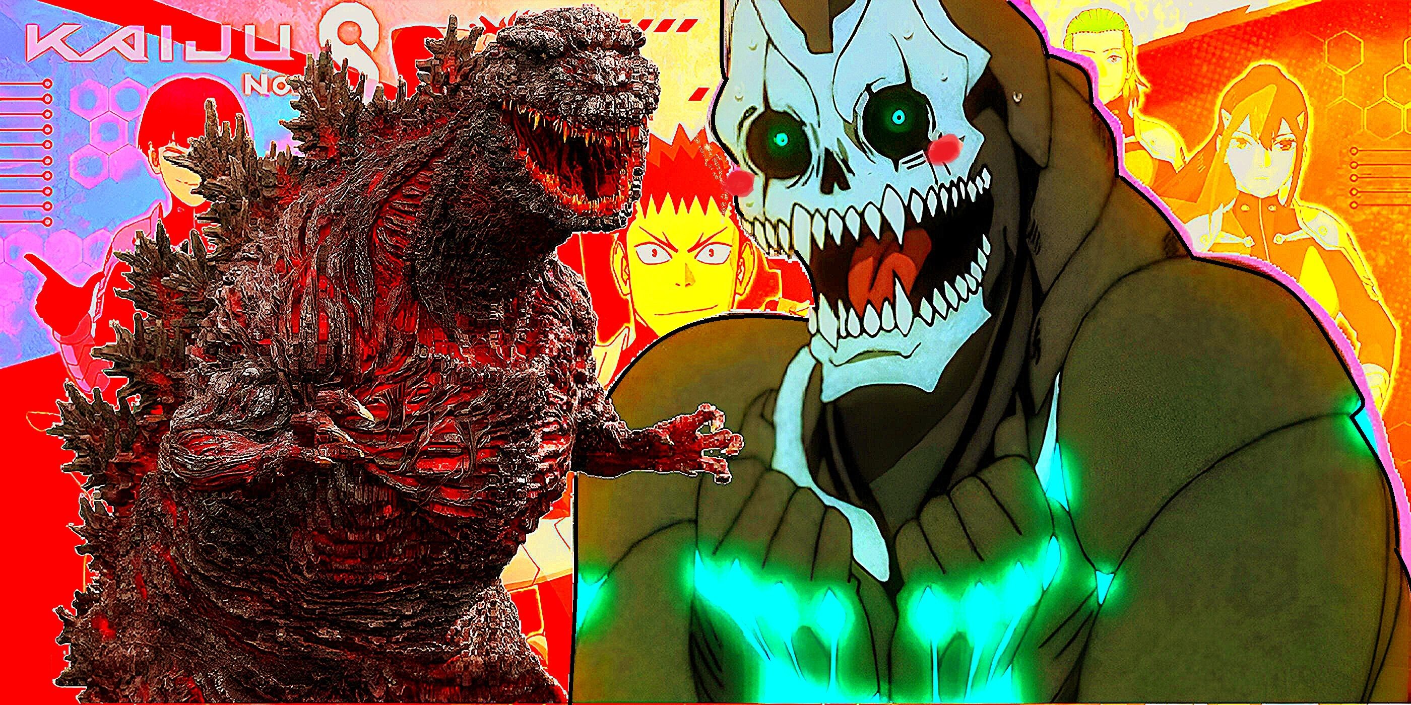 Gambar gaya kolase yang menampilkan Shin Godzilla dan Kafka dari Kaiju No 8