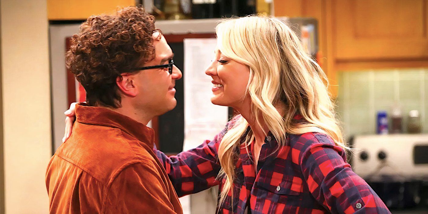Kaley Cuoco's Penny and Johnny Galecki's Leonard smile at each other in a kitchen in The Big Bang Theory
