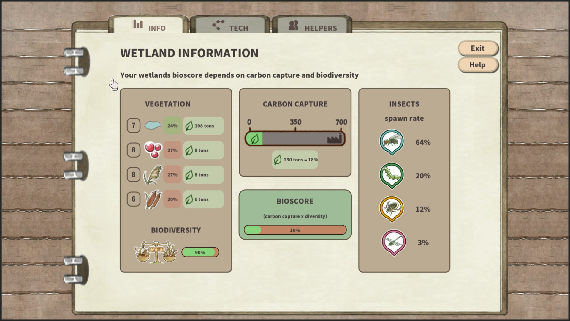 Tela Kamaeru Wetland Info mostrando a vegetação, captura de carbono, bioscore e taxas de desova de insetos.