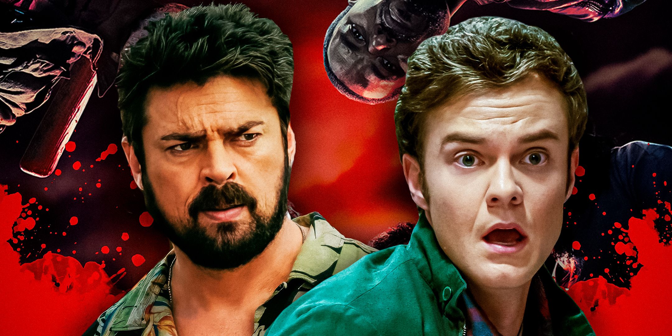 Custom image of Karl Urban as Billy Butcher and Jack Quaid as Hughie Campbell from The Boys with the comic book cover in the background