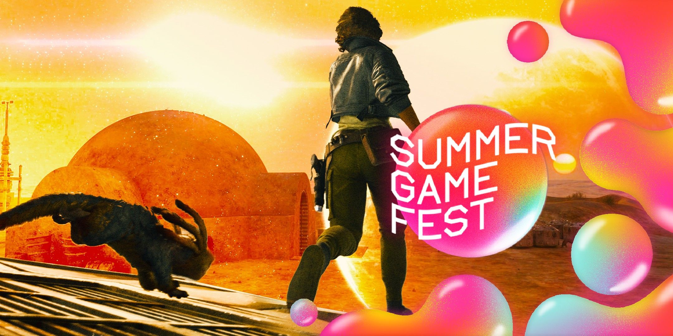Kay Vess and Nix from Star Wars Outlaws on Tatooine with Summer Game Fest logo atop.