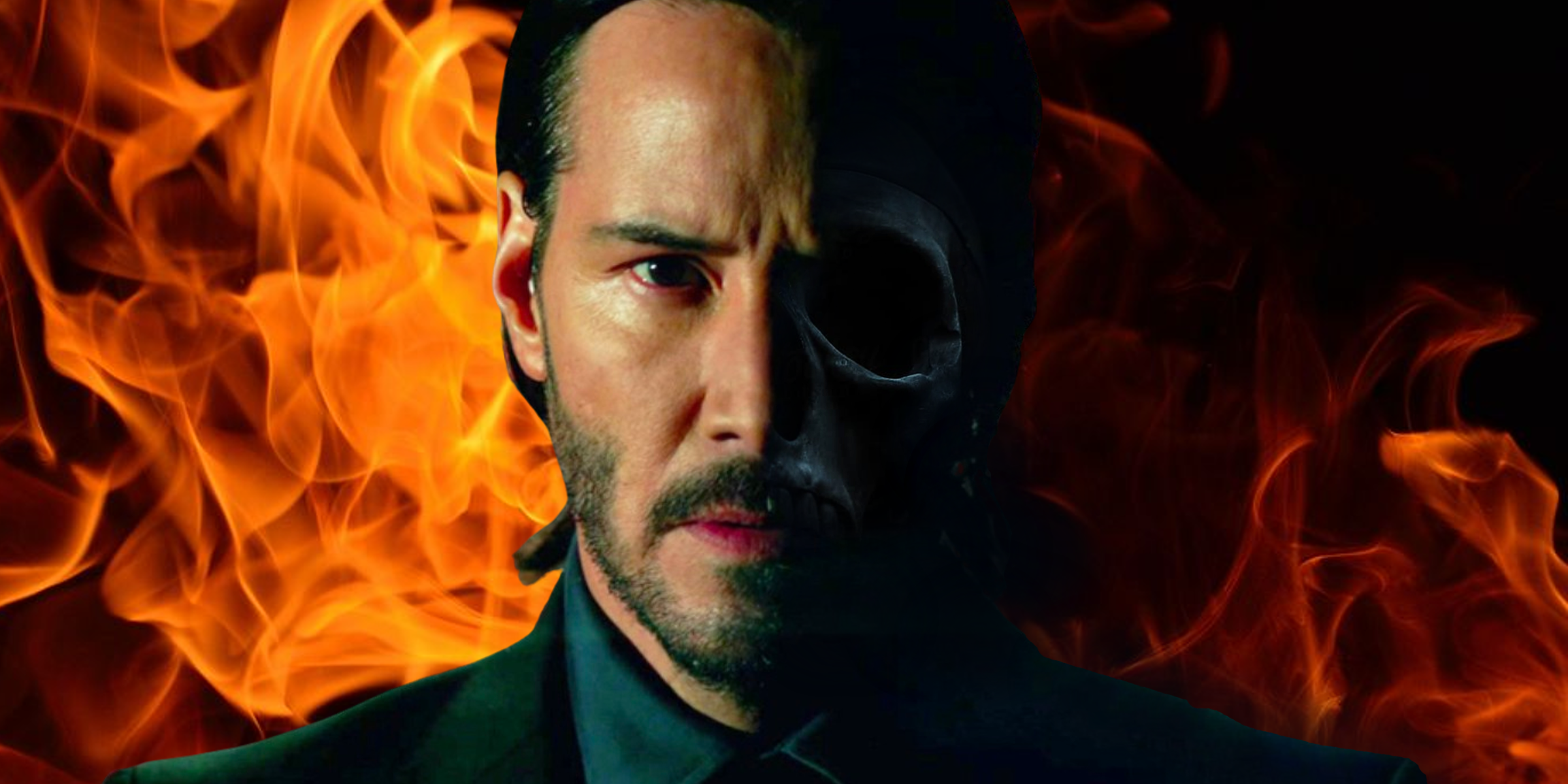Keanu Reeves as Ghost Rider with flames behind him
