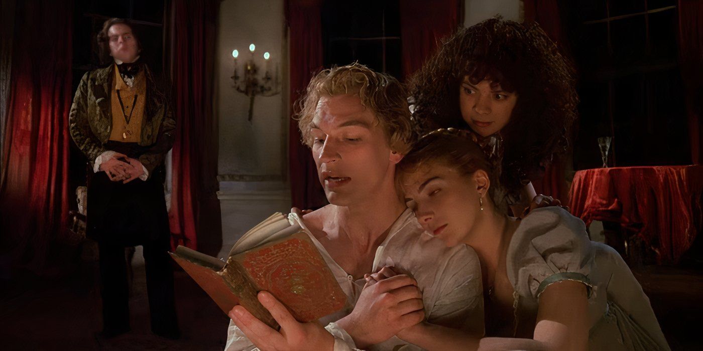 Uma foto de personagens lendo um livro de Gothic, de Ken Russell (1986)