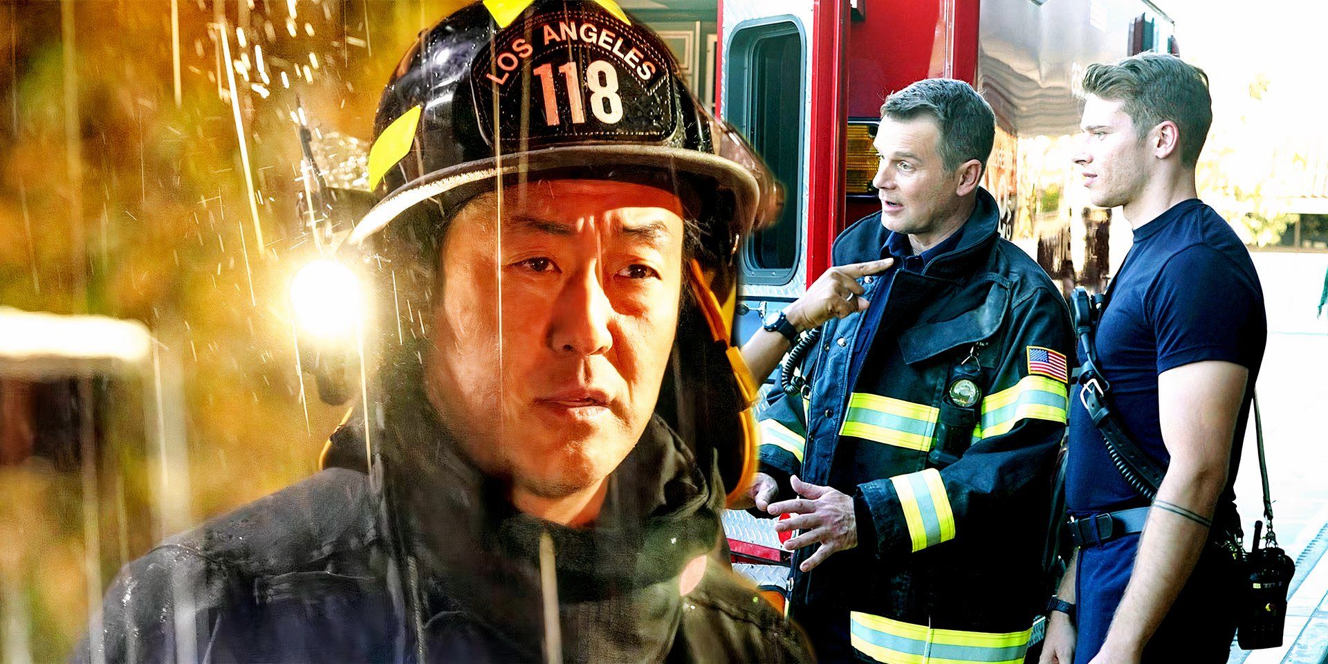 Kenneth Choi as Chimney in his work gear in a scene from 9-1-1 while two other characters are meeting a police officer