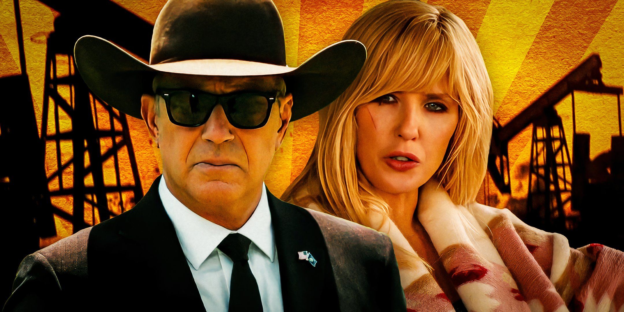 Kevin Costner als John Dutton sieht mit Hut und Sonnenbrille ernst aus und Kelly Reilly als Beth Dutton sieht in Yellowstone genervt aus