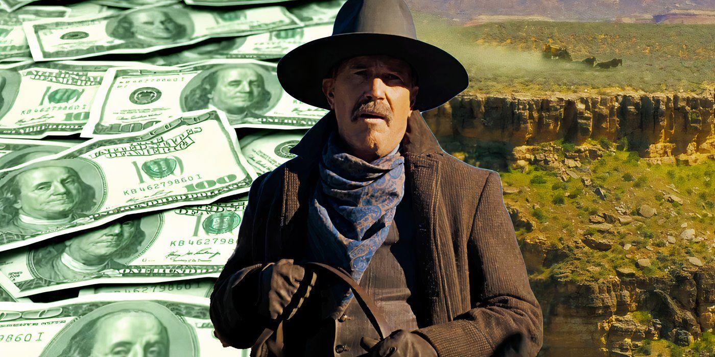 Kevin Costner as Hayes Ellison looking in the distance with a money background in Horizon: An American Saga Chapter 1 custom image