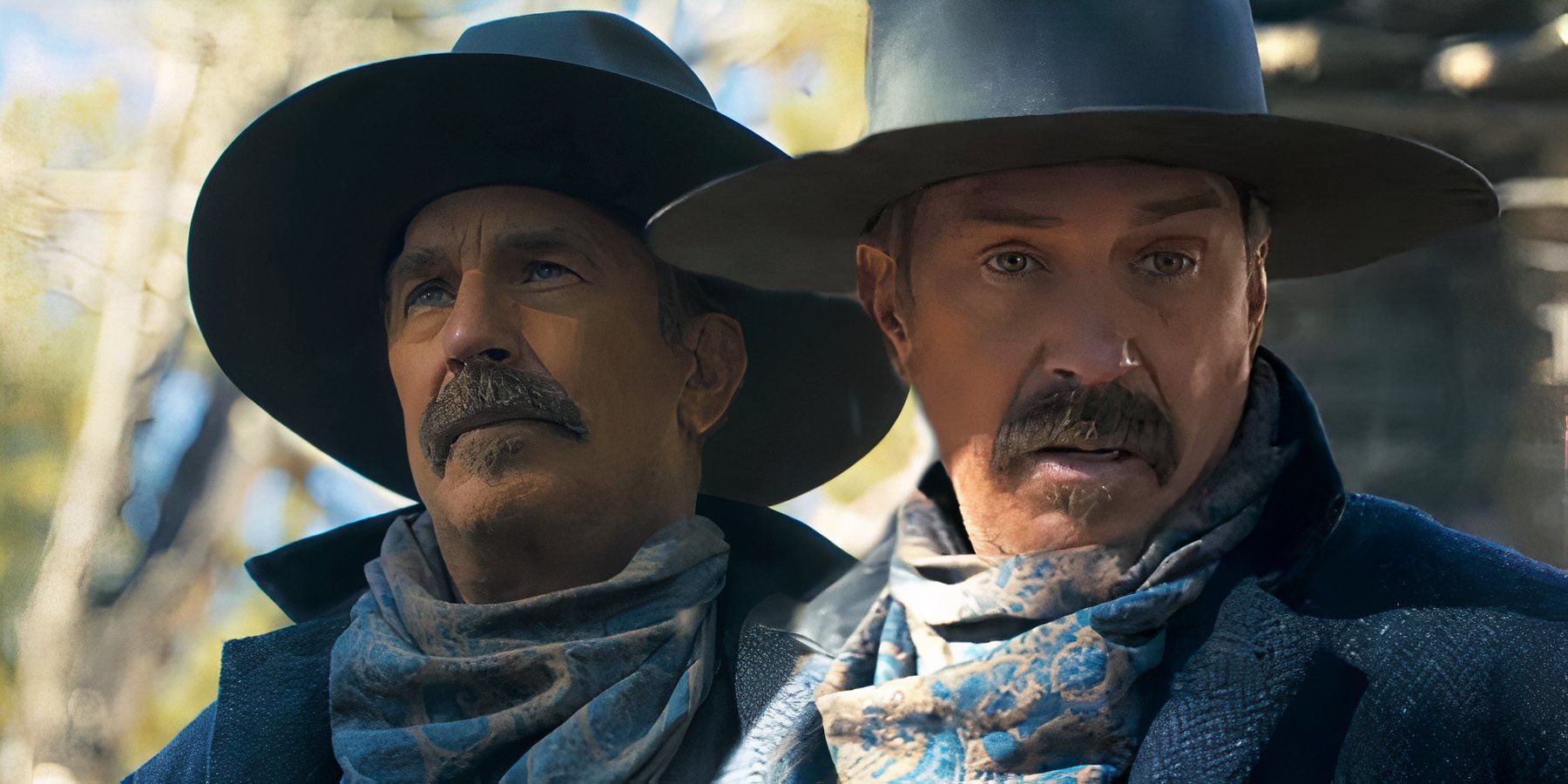 Kevin Costner wearing a cowboy hat looking off next to Kevin Costner looking worried in Horizon An American Saga